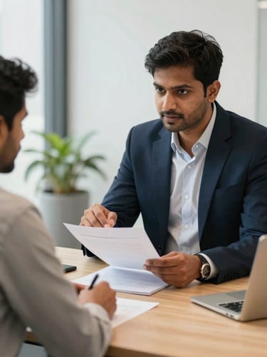 Medium-close shot of an Indian Company Secretary explaining a document to a startup founder in a modern office, natural light, organized desk, professional collaboration, clean corporate navy and warm tones, sharp focus, 35mm.