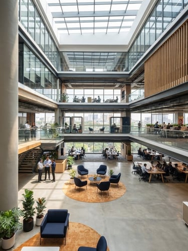 Wide shot of a modern, clean business hub in Bengaluru, architectural details, bright natural light, sharp focus, with a subtle saffron accent in the decor.