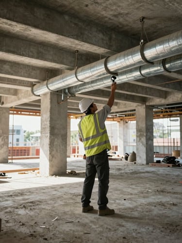 Wide-angle environmental shot of an active commercial construction site, daylight filtering through unfinished concrete, a mechanical engineer in high-vis gear examining overhead ductwork runs, sharp focus.