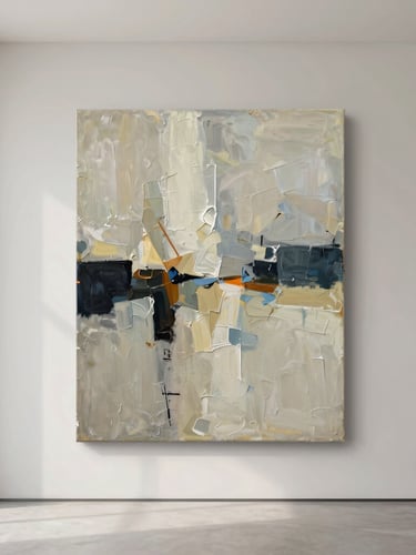 Straight-on flat-lay photograph of a heavily textured abstract oil painting with thick brushstrokes, hanging in a minimalist architectural gallery space, soft natural studio daylight