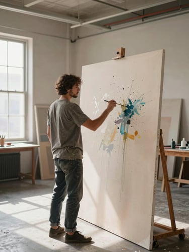 An artist covered in paint splatters working on a large canvas in a sun-drenched warehouse studio, natural diffused daylight, 50mm lens.
