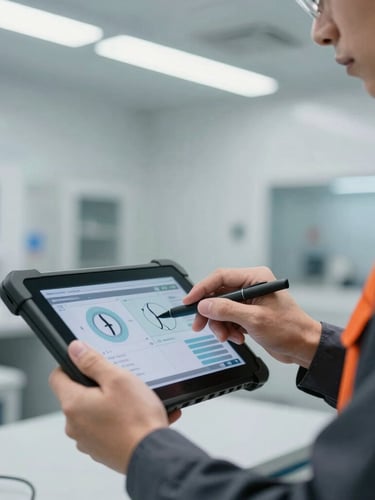 Medium close-up of a master technician's hands using a digital diagnostic tablet inside a clean, brightly lit modern workshop bay, sharp focus, 35mm