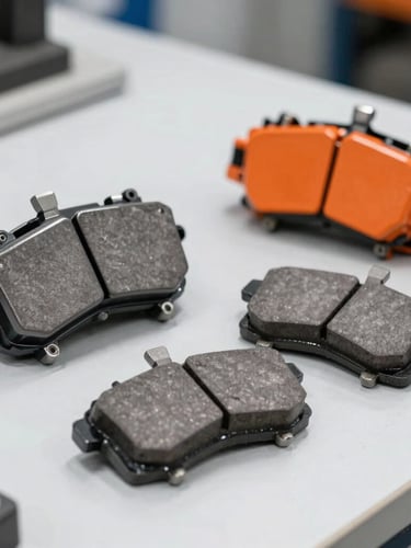 Close-up of clean, high-quality metallic brake pads and caliper assembly on a workbench in a bright workshop, professional 35mm photography