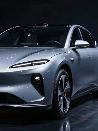 Low-angle heroic shot of a polished modern electric sedan in a dark studio, sharp cold-toned highlights reflecting off the flawless metallic paint, high contrast, 50mm lens.