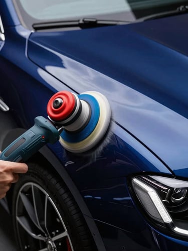 Close-up of a professional detailing rotary polisher gliding over a flawless deep blue car fender, bright studio key light reflecting on the paint, high contrast.