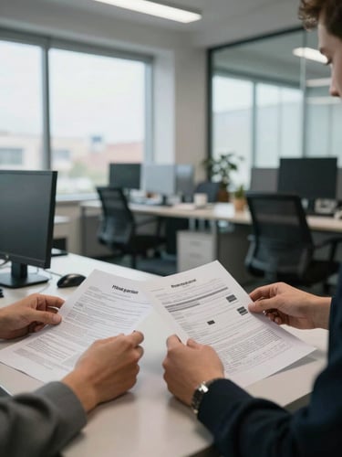 Wide environmental shot, daylight from large office windows, two people at a desk reviewing printed documents side by side, foreground shows hands on paper, background out-of-focus open-plan office, documentary close-detail framing