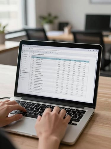 Close documentary shot looking over a shoulder at a laptop screen displaying a candidate pipeline spreadsheet with names, stages, and fill dates, hands resting on keyboard, natural window light from the left, real open-plan office blurred in background