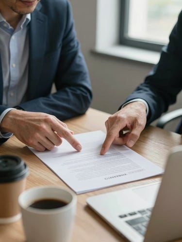 Close documentary frame of two people reviewing a printed contract at a desk, daylight from a window to the right, one hand pointing at a clause, coffee cup and laptop partially visible in foreground, real office environment, no posed smiling