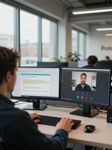 Environmental wide shot from behind a recruiter's shoulder, daylight from a large office window to the left, two monitors showing a candidate tracking spreadsheet and a video call in progress, hands resting on keyboard, open-plan startup office visible in background, documentary framing, no staging