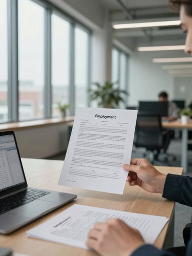 Environmental wide shot of a finance professional at a standing desk reviewing printed employment contracts, daylight from tall windows to the left, papers and a laptop open to a payroll dashboard visible in the foreground, modern open-plan office background softly out of focus