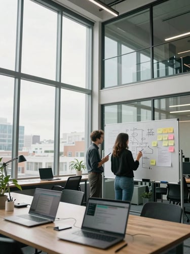Wide environmental shot looking into a glass-walled startup office, two people standing at a whiteboard covered in sticky notes and diagrams, daylight flooding from floor-to-ceiling windows, the room mid-use with laptops open on a long table