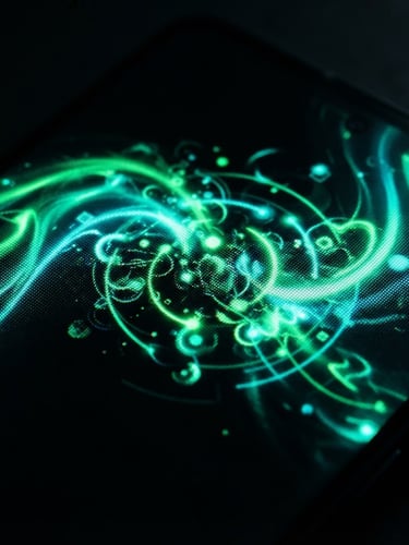 Extreme macro close-up of a modern flagship Android smartphone screen displaying a fluid, high-contrast digital user interface transition, ambient electric green and cyan studio backlighting, low-key dark atmosphere.