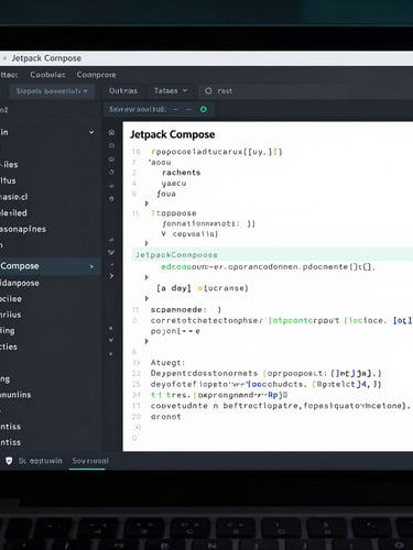 A close-up of a dark-themed IDE displaying clean Kotlin code blocks and Jetpack Compose layouts. Subtle cyan backlighting on the screen edge, high-contrast digital interface.