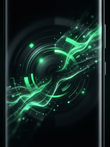 Sleek high-fidelity dark tech photography of a modern Android smartphone screen displaying a fluid UI transition with glowing electric green accents, low-key studio lighting, macro lens, high contrast