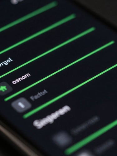 Extreme close-up of a modern Android device displaying a sleek, fluid dark-mode user interface with vibrant green accent lines, low-key studio lighting.