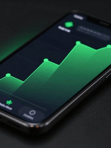 A high-resolution close-up of a modern Android smartphone displaying a dark-themed financial app with fluid green vector charts. Low-key studio lighting with subtle green ambient backlight, macro lens.
