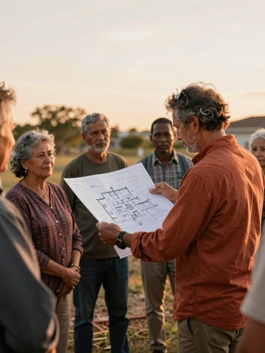A vertical medium shot of a local community leader in terracotta-toned clothing presenting a hand-drawn architectural plan to a group of engaged neighbors under warm golden-hour light.