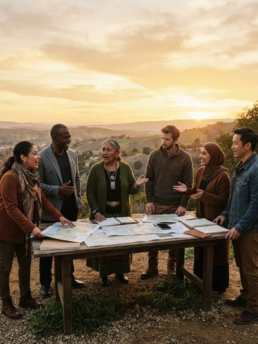 Wide environmental portrait of diverse community leaders in active, dignified collaboration, natural golden-hour light, rich organic earth tones, 35mm, authentic human agency, low horizon with expansive sky.