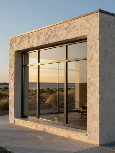 Low-slung modern pavilion with textured plaster walls and large glass panes reflecting coastal dunes at golden hour