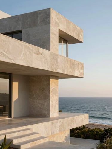 Monolithic limestone residence overlooking the ocean, sharp architectural lines, soft morning light