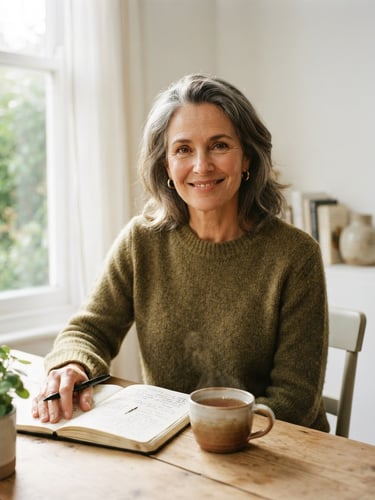 Portrait of a mature woman in her early 50s, smiling thoughtfully, sitting in a sun-drenched minimalist room with an open notebook and a warm mug, soft natural window light, shallow depth of field.