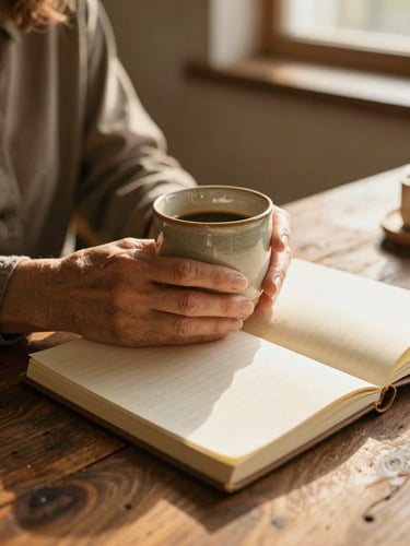 Close-up of a mature woman's hands holding a warm ceramic cup over an open planner on a rustic wooden table, soft golden hour light, peaceful atmosphere.