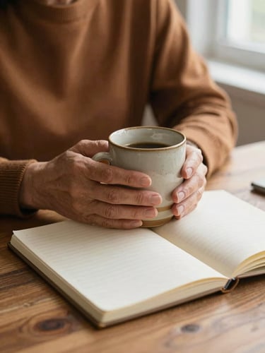 Hands of a mature woman holding a warm ceramic mug over an open paper notebook on a wooden table, soft natural window light, calm and focused atmosphere
