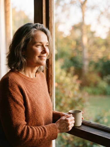 Portrait of a serene 55-year-old woman looking out of a sunlit window, warm golden-hour light, soft focus, 35mm editorial style, authentic expression of relief