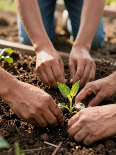 Hands of community members working together to plant a garden, warm natural daylight, rich soil, earthy green and terracotta tones, close-up documentary shot