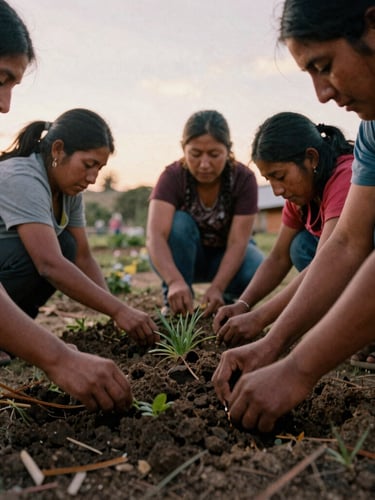 Warm documentary photography of community members in Bolivia gathering outdoors during golden hour, hands working together to build a community garden, 35mm film texture.
