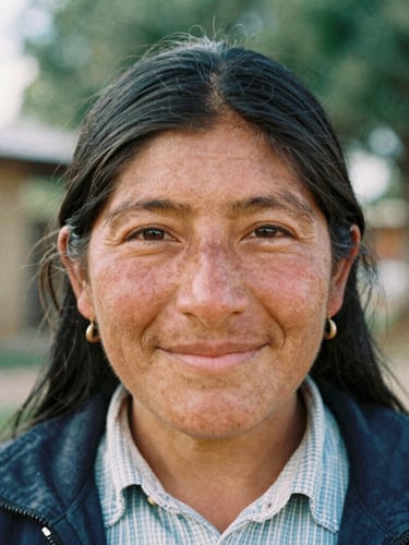 Close-up portrait of a determined Bolivian community educator smiling warmly, soft natural daylight, background with hints of green foliage, 35mm film texture.