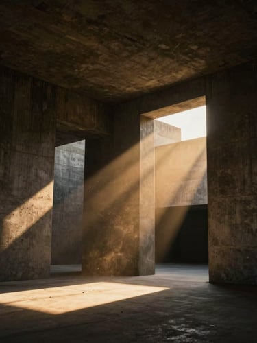 Cinematic architectural photograph, raw concrete brutalist interior, dramatic low-key lighting, golden hour shafts piercing through high concrete slits, volumetric dust, 35mm lens