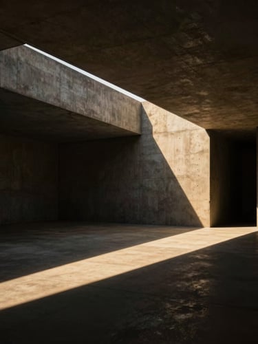 Wide cinematic architectural render of a brutalist concrete pavilion, dramatic low-key lighting with sharp angular shadows, golden-hour light streaming through a narrow skylight, 35mm lens