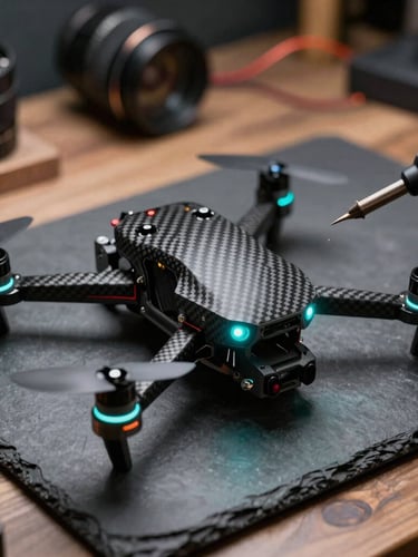 Macro shot of a custom carbon fiber drone frame on a dark slate workbench, glowing cyan status LEDs, soldering iron and copper wires in soft focus, dramatic cold lighting.