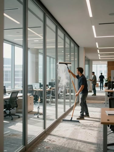 Wide environmental shot inside a Toronto office, a crew member wiping a floor-to-ceiling glass partition with a squeegee, natural north-facing daylight flooding the open-plan space, construction dust visible on adjacent surfaces, framing shows the full height of the glass divider and the cleaned corridor beyond