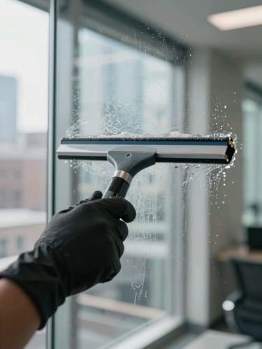Extreme close-up inside a Toronto office, gloved hand drawing a squeegee across a full-height glass partition, natural daylight flooding through the pane from the left, construction grime visible on the unwiped half and crystal clarity on the wiped half, shallow depth of field on the squeegee edge