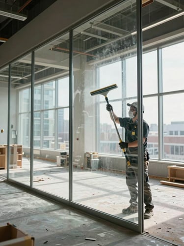 Wide environmental shot inside a Toronto commercial office under renovation, a cleaning crew member wiping down a full-height glass partition divider with professional squeegee, natural north-facing daylight flooding through floor-to-ceiling windows, construction materials visible in the background, crisp surface clarity on the freshly cleaned glass panel, shot from a low angle to emphasize the scale of the space