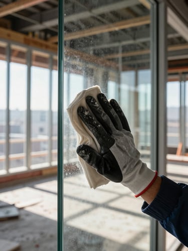 Extreme close-up framing, a crew member's gloved hands wiping a floor-to-ceiling glass office divider inside a Toronto office under construction, natural north-facing daylight revealing dust streaks being cleared, steel framing visible in background, sharp documentary detail, no soft focus