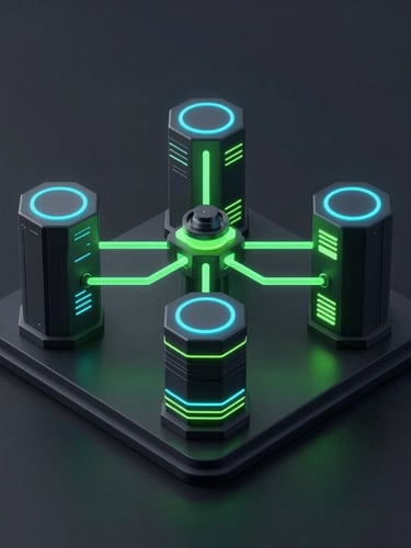 Sleek 3D render of a complex data integration hub, glowing cyan and neon green connections, dark mode aesthetic, isometric perspective