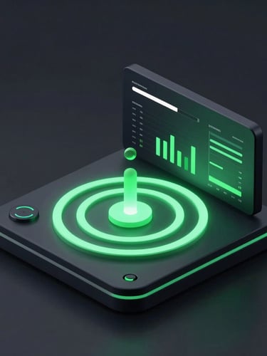 Sleek 3D render of a live dashboard launching, glowing green status rings, dark mode aesthetic, isometric perspective