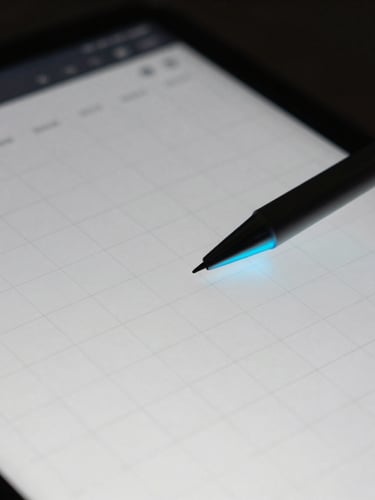 Tight macro shot of a digital planner grid on a dark-mode tablet screen, crisp white lines against obsidian background, subtle electric blue neon edge-lighting, stylus tip resting on the screen, low-key studio photography, portrait aspect.