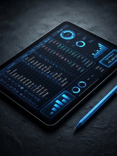 Angled macro shot of a sleek tablet displaying a dark-mode budget planner grid with electric blue highlights, stylus pen resting beside it, moody low-key studio lighting, sharp focus on screen details, obsidian background.