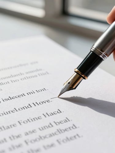 Macro shot of a fountain pen signing a formal legal contract on thick textured paper, bright midday light from a window, clean architectural lines.