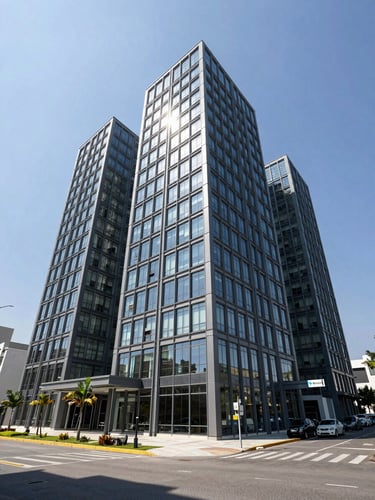 Wide-angle architectural shot of a modern glass and steel commercial development in Ciudad del Este under bright, clear midday sunlight.
