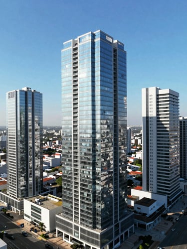 Wide panoramic aerial drone shot of modern high-rise developments in Ciudad del Este, bright midday sunlight reflecting off clean glass facades, clear blue sky, sharp land boundaries visible in the background.