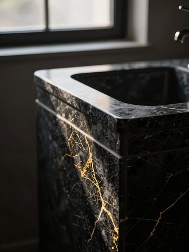 Architectural close-up of a dark porcelain sink with a precision-sculpted mitered edge, dramatic side-lighting from a high window, dark moody shadows, gold veins visible on the stone texture