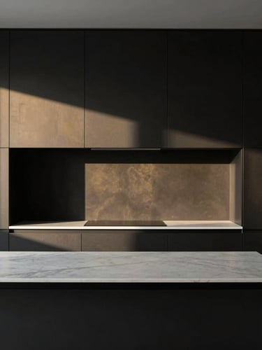 Minimalist kitchen interior with dark custom cabinetry and a seamless integrated porcelain countertop, architectural elevation, moody natural side-light, high contrast
