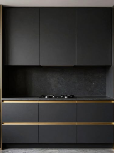 Straight-on architectural elevation of a minimalist luxury kitchen, dark charcoal cabinets, gold hardware inlay, natural side-lighting, sharp focus on wood joints