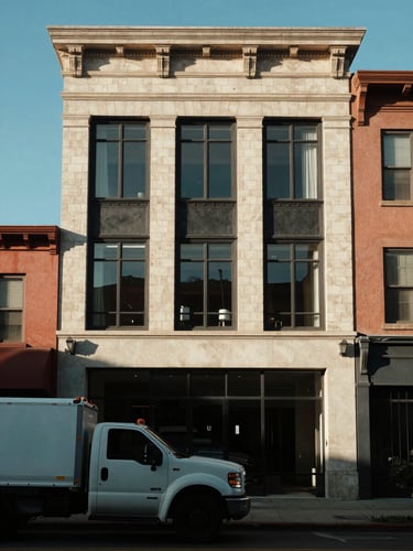 Street-level portrait framing of a California mixed-use building facade, original masonry and steel window frames visible, late-morning north-facing light washing evenly across the surface, a parked work truck in the foreground suggesting active management, neighboring buildings providing neighborhood depth