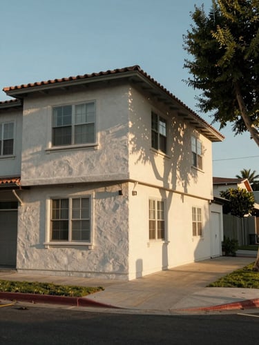 Wide environmental shot of a two-story California residential building exterior, street-level view from a sidewalk corner, late afternoon golden hour light casting long shadows across stucco facade, building details and utility lines visible, mature trees at frame right, no people, documentary framing
